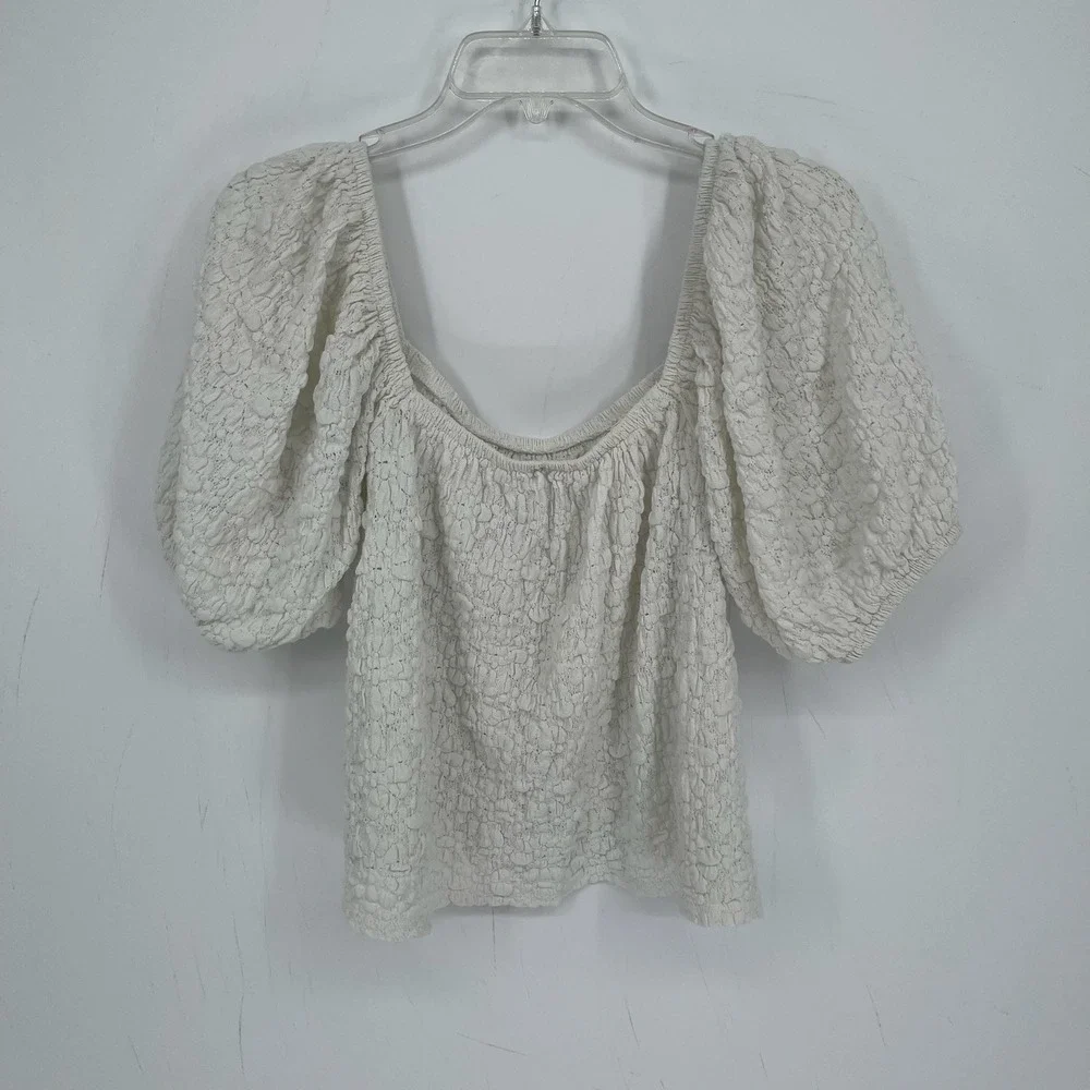 Old Navy Women's White Puff Sleeve Popcorn Textured Floral Boho Blouse Size L